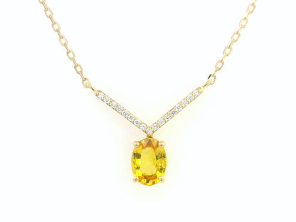 18K gold oval yellow sapphire necklace with 1.10 Ct yellow sapphire and 0.08 Ct diamonds, luxury gemstone pendant