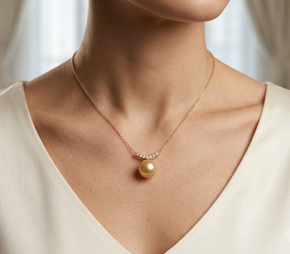 18K Yellow Gold South Sea Golden Pearl Necklace with Natural Diamond Bar Pendant