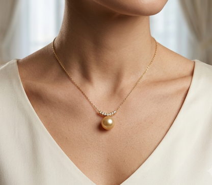 18K Yellow Gold South Sea Golden Pearl Necklace with Natural Diamond Bar Pendant
