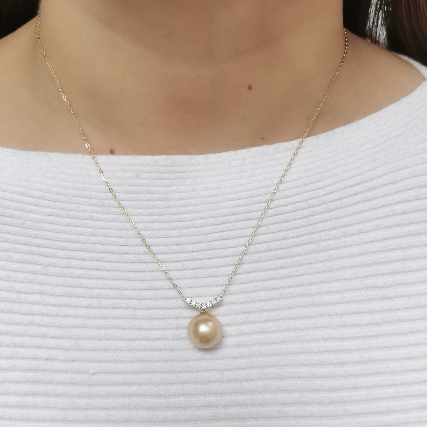 18K gold South Sea pearl necklace with 10x13MM golden pearl and 0.14 Ct diamonds, luxury pearl jewelry