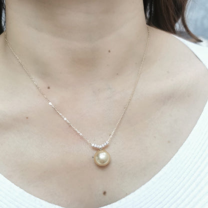 18K gold South Sea pearl necklace with 10x13MM golden pearl and 0.14 Ct diamonds, luxury pearl jewelry