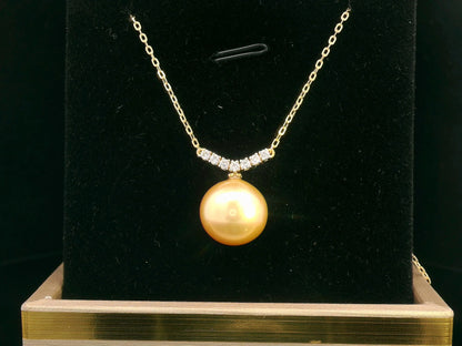 18K gold South Sea pearl necklace with 10x13MM golden pearl and 0.14 Ct diamonds, luxury pearl jewelry