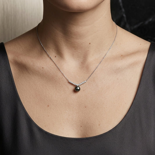 Tahitian Black Pearl and Diamond Necklace in 18K White Gold