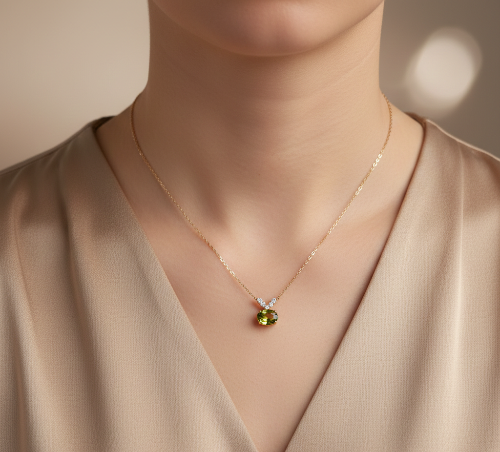 18K yellow gold peridot and diamond necklace with 1.68 carat peridot by Emirates Diamonds