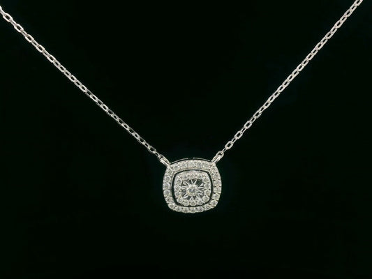 18K Gold Double Halo Diamond Pendant Necklace with Cushion Shape, 0.40 Carats
