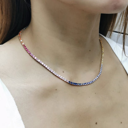 18K Gold Necklace with Gradient Multi-Color Sapphires in Rainbow Design