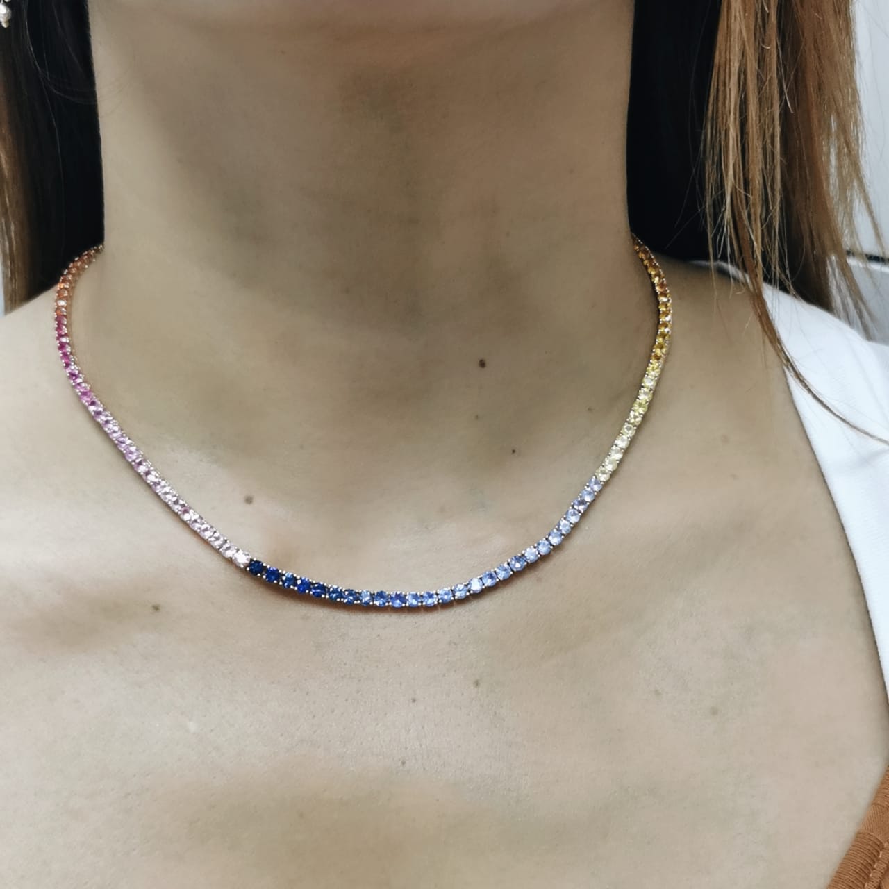 18K Gold Necklace with Gradient Multi-Color Sapphires in Rainbow Design