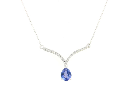 18K gold necklace with pear-shaped tanzanite drop and diamond-accented V-bar pendant