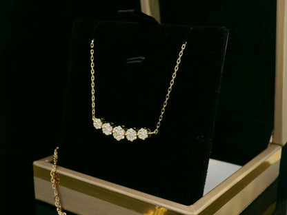 18K Yellow Gold Diamond Cluster Necklace, 0.57 Carat, Five Floral Diamond Clusters