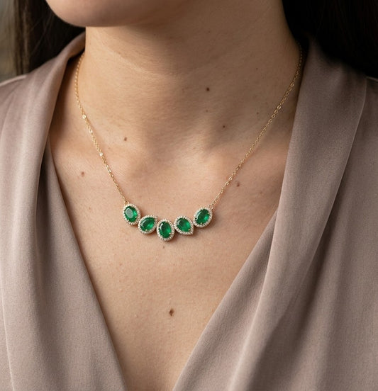 Emerald and Diamond Halo Necklace with Five Gemstones in 18K Yellow Gold