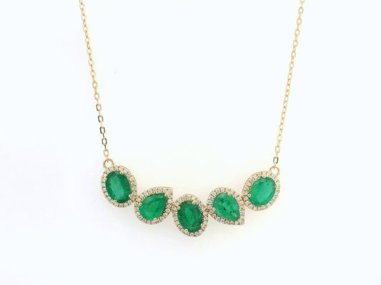 18k Yellow Gold Emerald Necklace with 3.33ct Pear & Oval Emeralds and 0.38ct Diamond Halo Accents, Elegant Statement Fine Jewelry