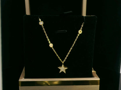 18K yellow gold diamond star necklace with diamond station chain – dainty celestial jewelry
