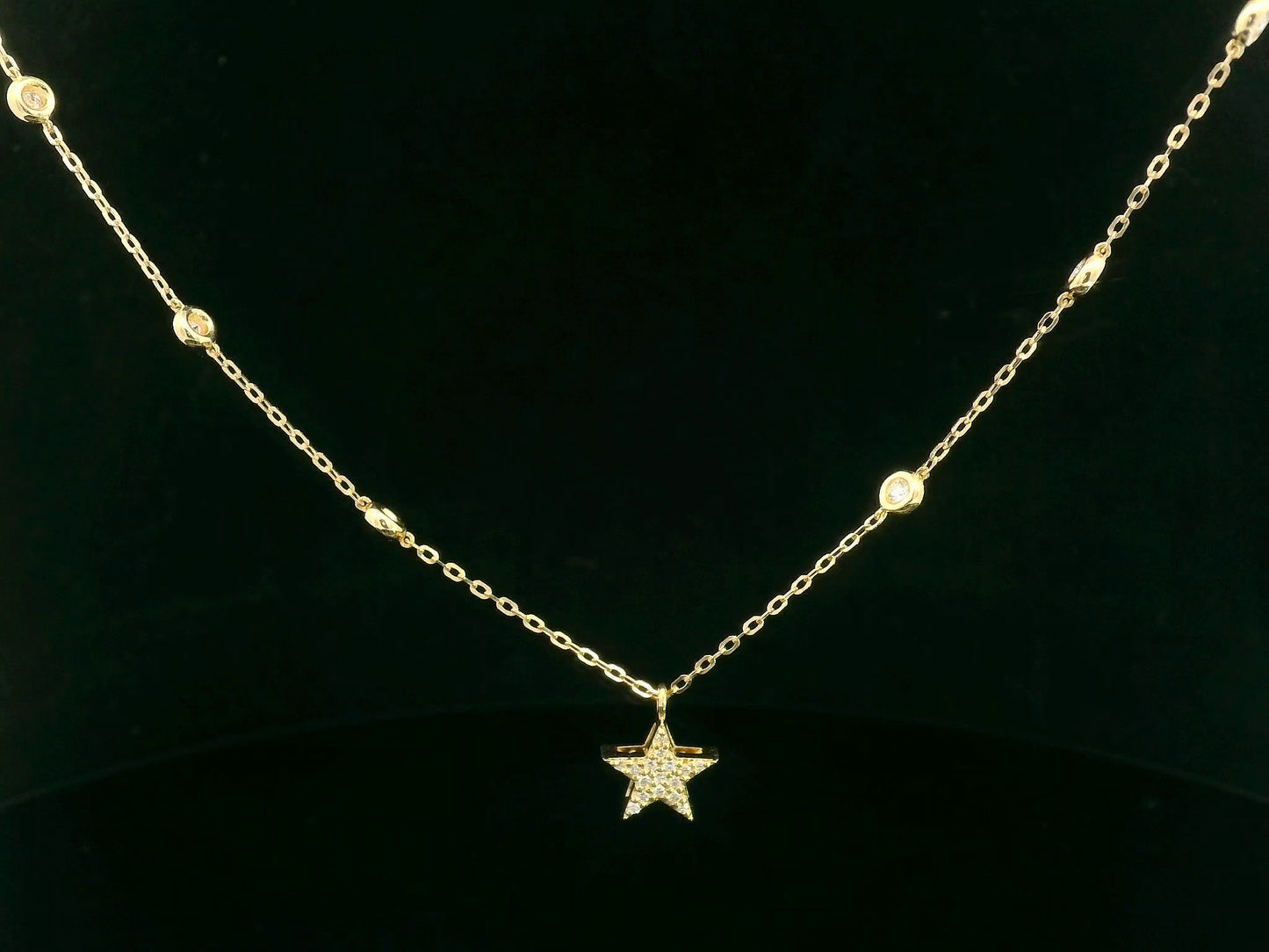 18K yellow gold diamond star necklace with diamond station chain – dainty celestial jewelry