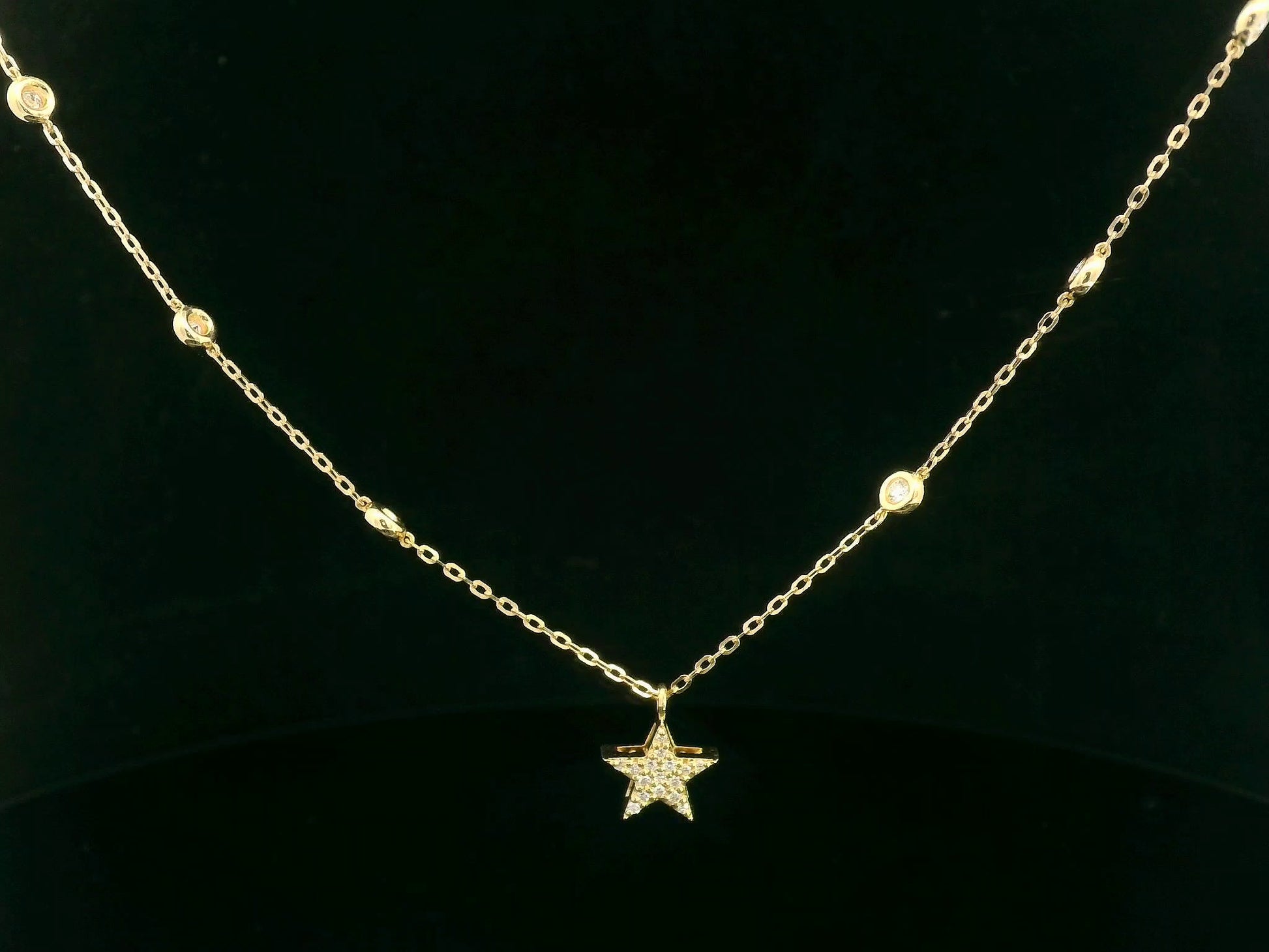 18K yellow gold diamond star necklace with diamond station chain – dainty celestial jewelry