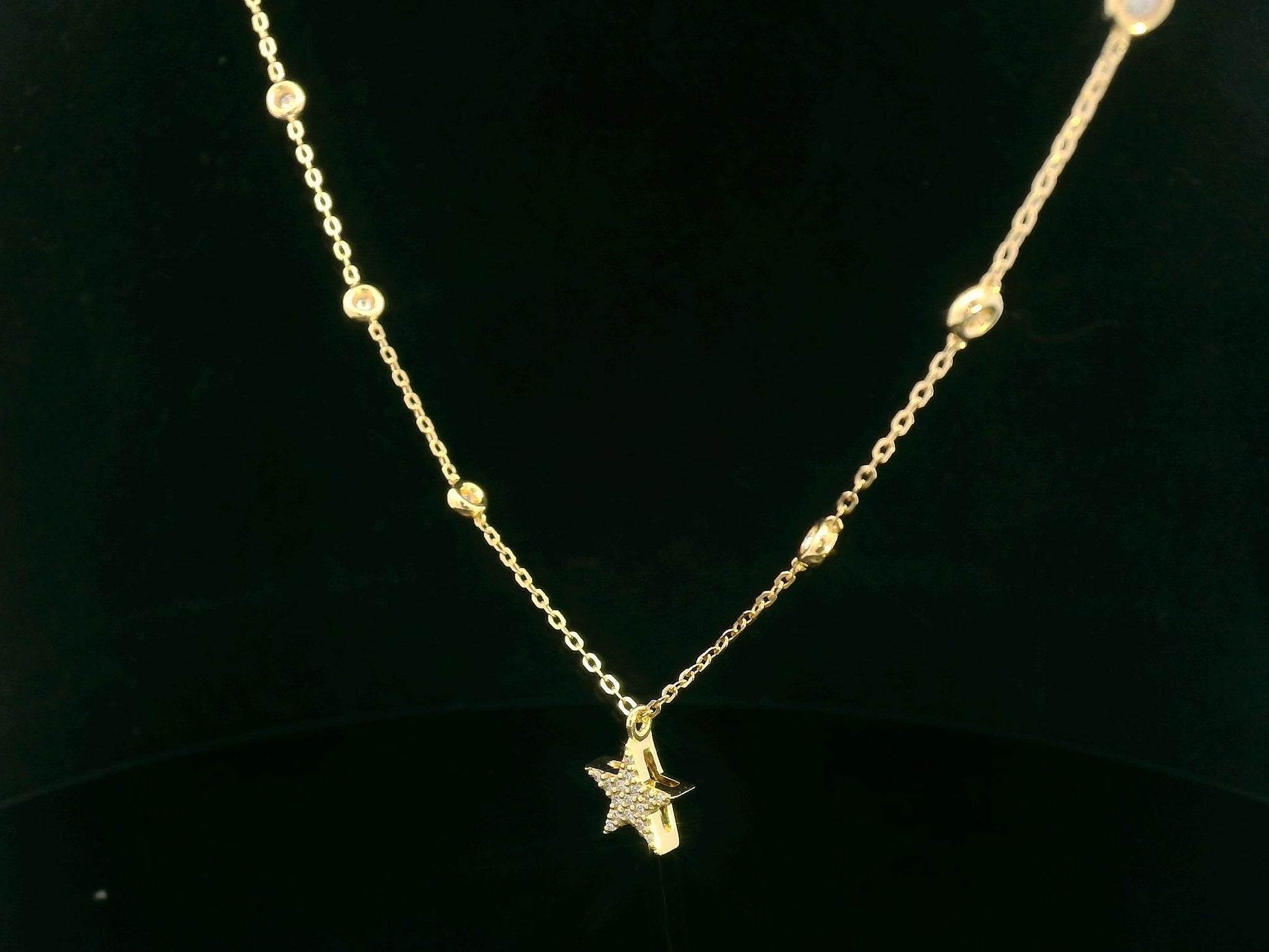18K yellow gold diamond star necklace with diamond station chain – dainty celestial jewelry