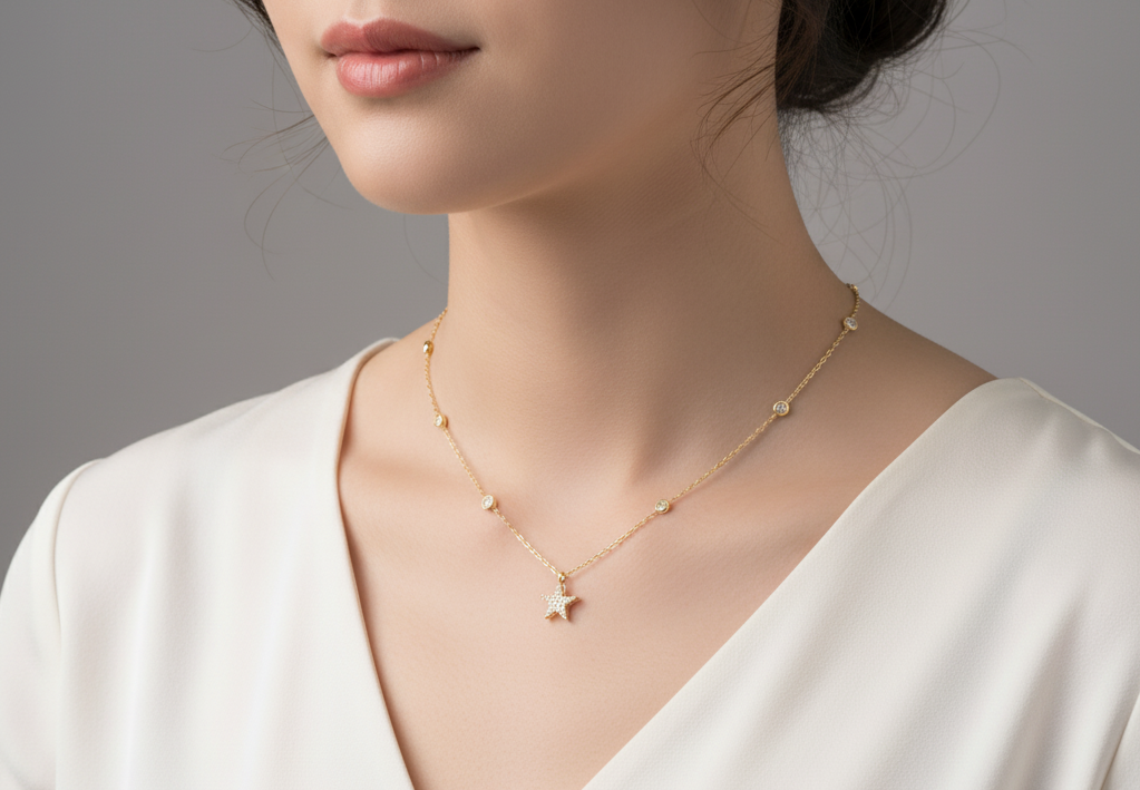 18K yellow gold diamond star necklace with diamond station chain – dainty celestial jewelry