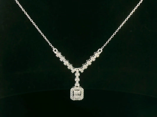18K white gold diamond pendant necklace – 0.33ct round and baguette diamonds in V-shaped design, fine jewelry by Emirates Diamonds