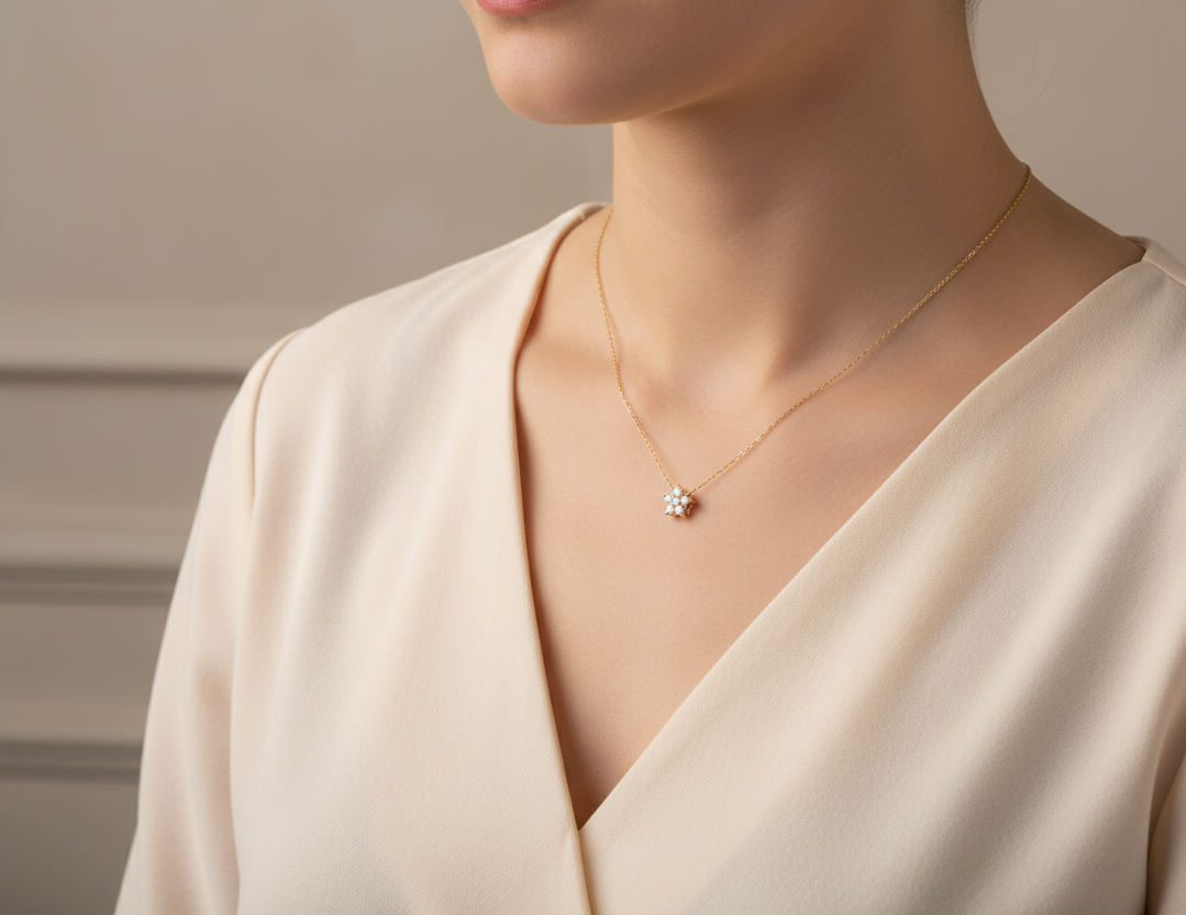 18K yellow gold diamond floral necklace – 0.20ct round brilliant cluster pendant on fine chain, fine jewelry by Emirates Diamonds