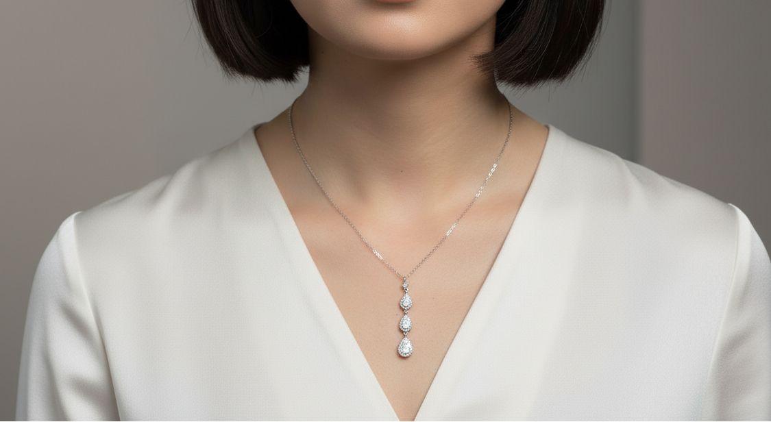 18K white gold diamond drop necklace featuring three pear-shaped pavé-set diamond drops – Emirates Diamonds