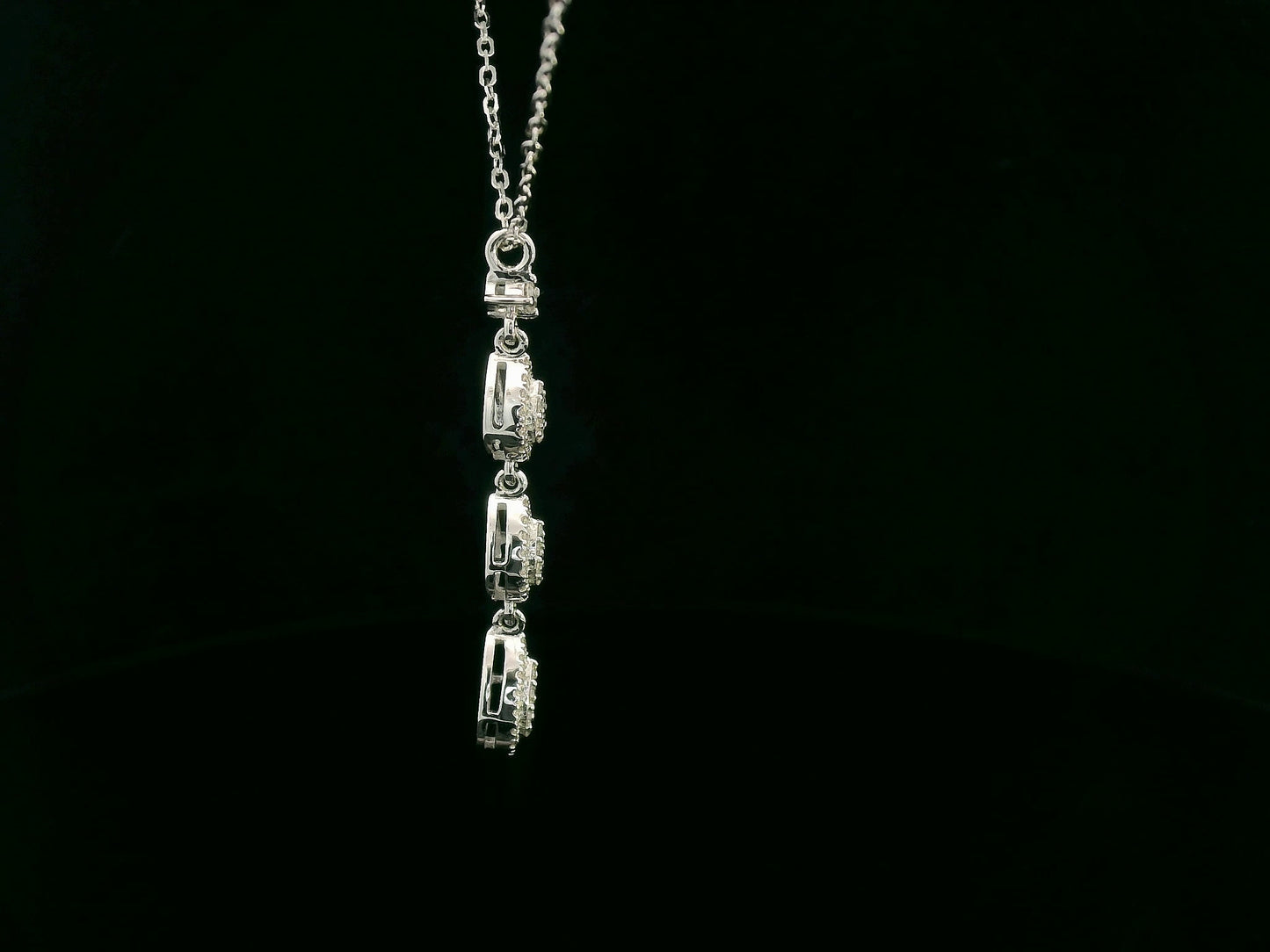 18K white gold diamond drop necklace featuring three pear-shaped pavé-set diamond drops – Emirates Diamonds