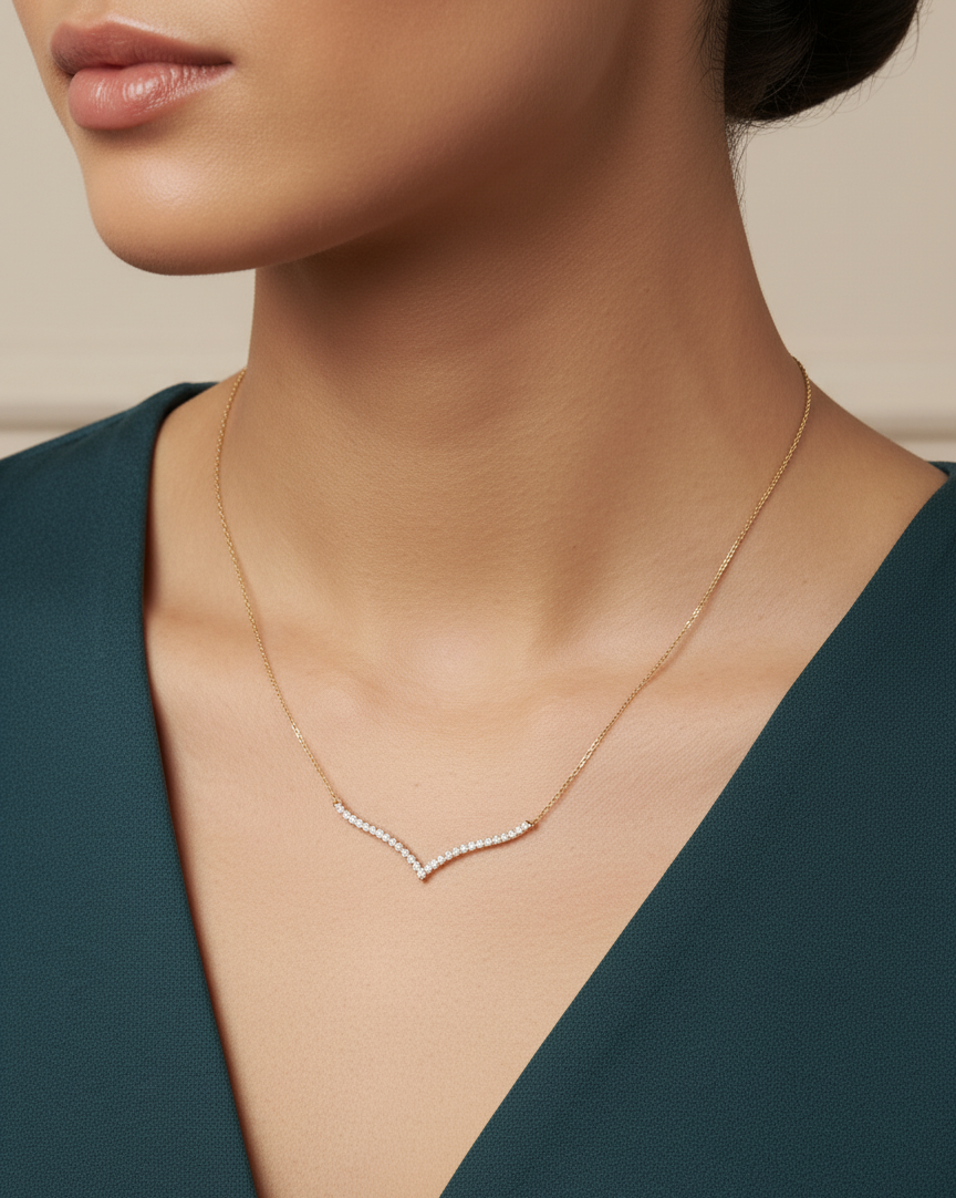 18K yellow gold V-shaped diamond necklace with 0.33ct round diamonds — Emirates Diamonds