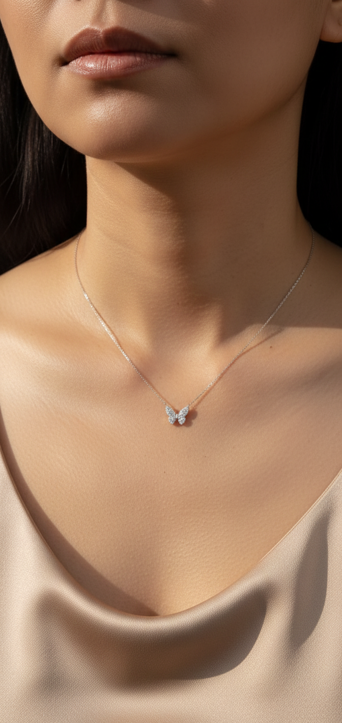 18K white gold diamond butterfly necklace – 0.22ct pavé diamonds by Emirates Diamonds