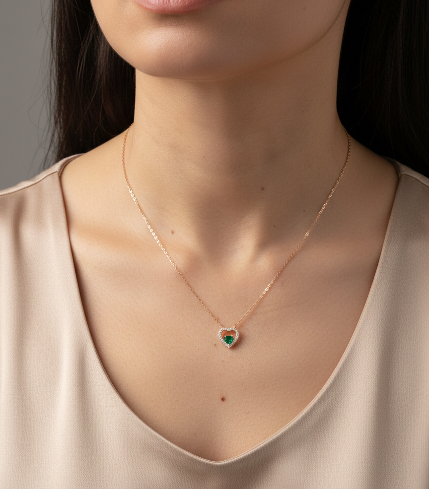 18K yellow gold heart-shaped emerald necklace with diamond halo – fine jewelry by Emirates Diamonds