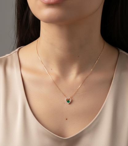 18K yellow gold heart-shaped emerald necklace with diamond halo – fine jewelry by Emirates Diamonds