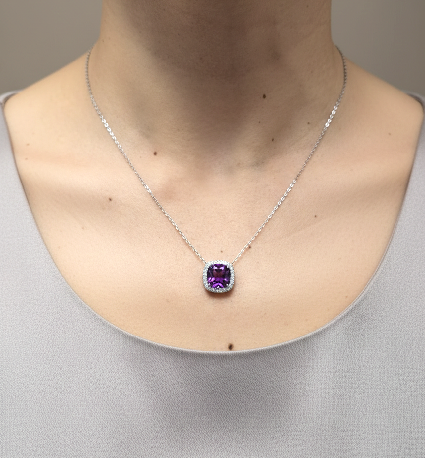 Cushion cut amethyst and diamond halo necklace in 18K white gold by Emirates Diamonds