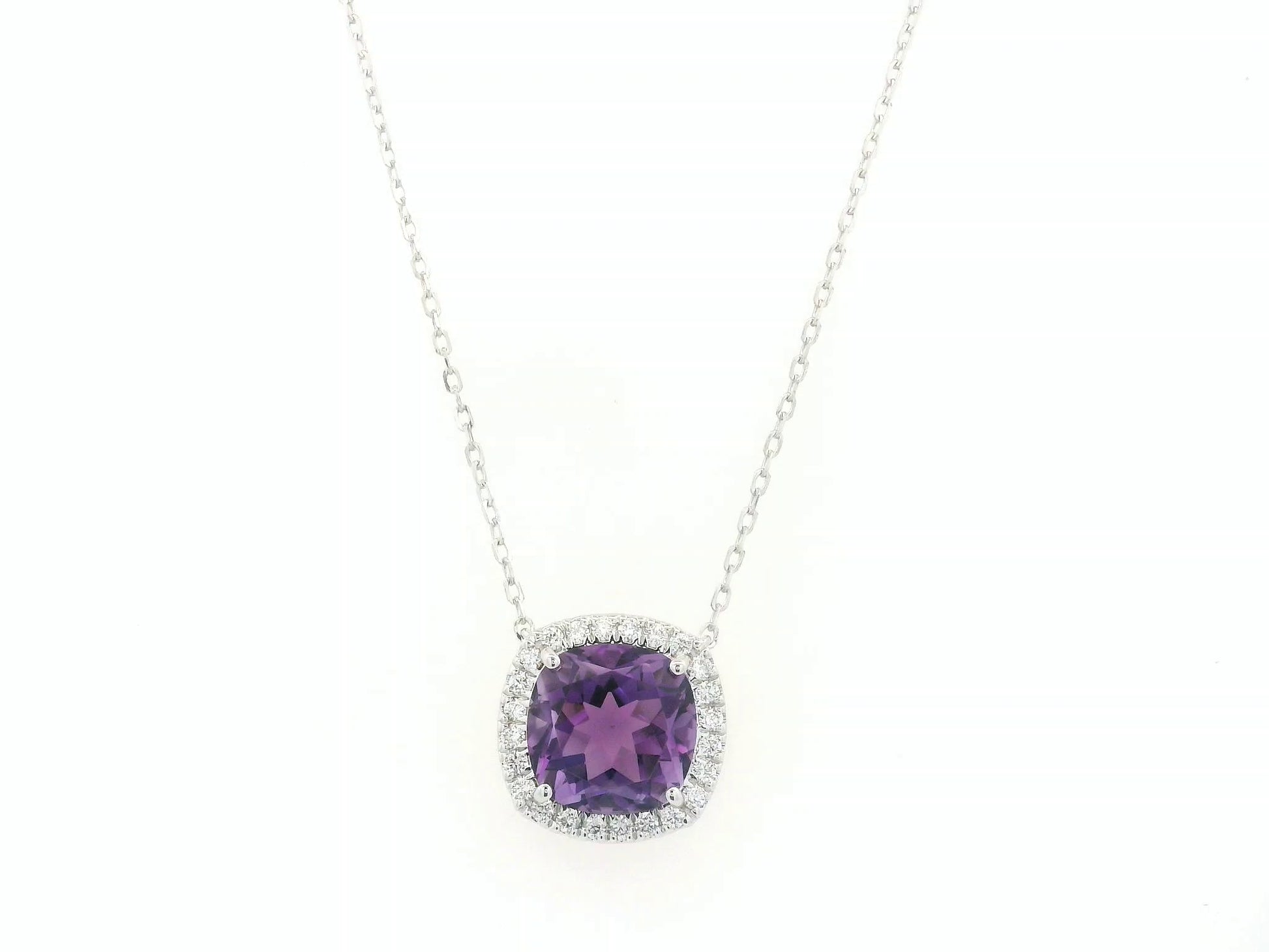 Cushion cut amethyst and diamond halo necklace in 18K white gold by Emirates Diamonds