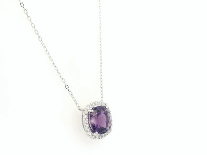 Cushion cut amethyst and diamond halo necklace in 18K white gold by Emirates Diamonds