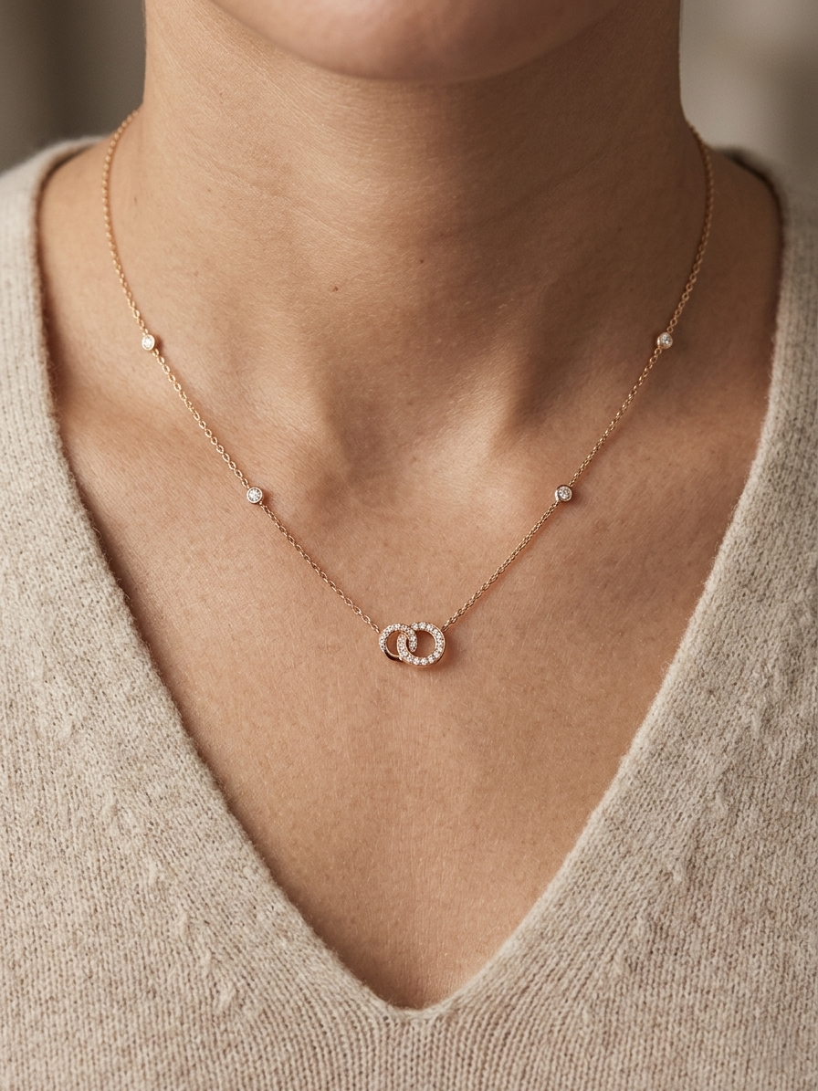 18K rose gold interlocking circle diamond necklace 0.22 carat with diamond chain accents – Emirates Diamonds