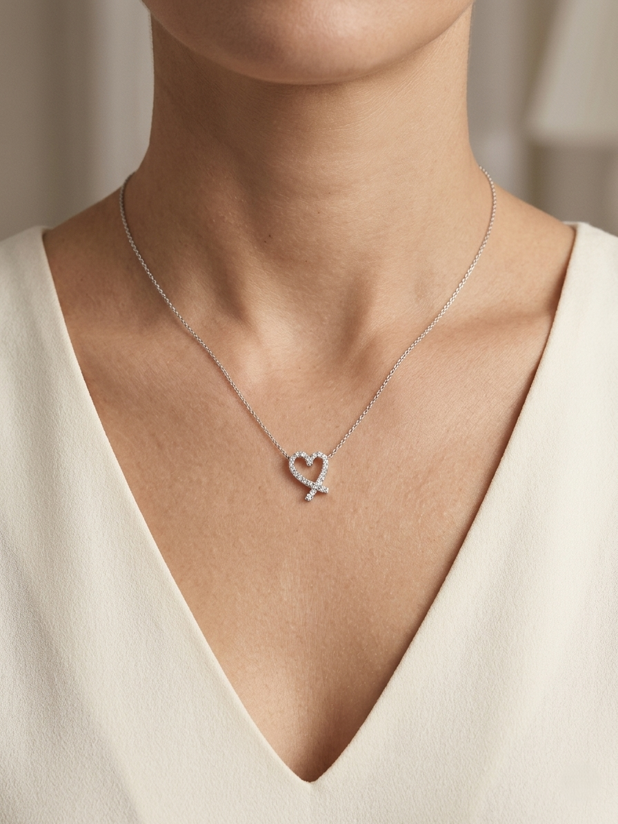 Diamond open heart pendant necklace in 18K white gold