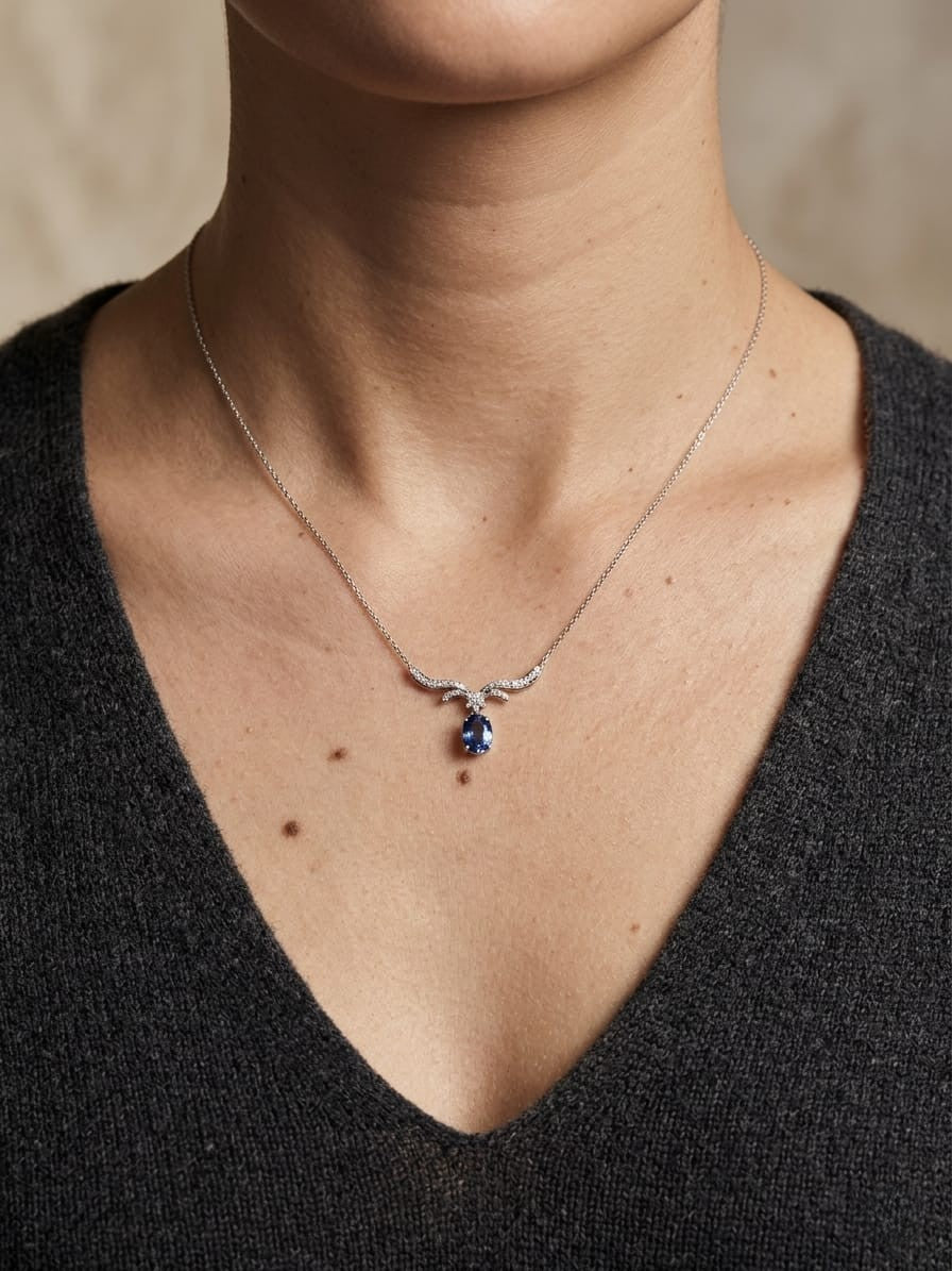 18K white gold blue sapphire diamond necklace 0.98 carat oval sapphire with diamond accents – Emirates Diamonds