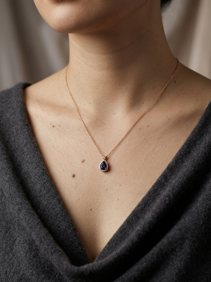 Pear sapphire diamond halo pendant necklace in 18K rose gold
