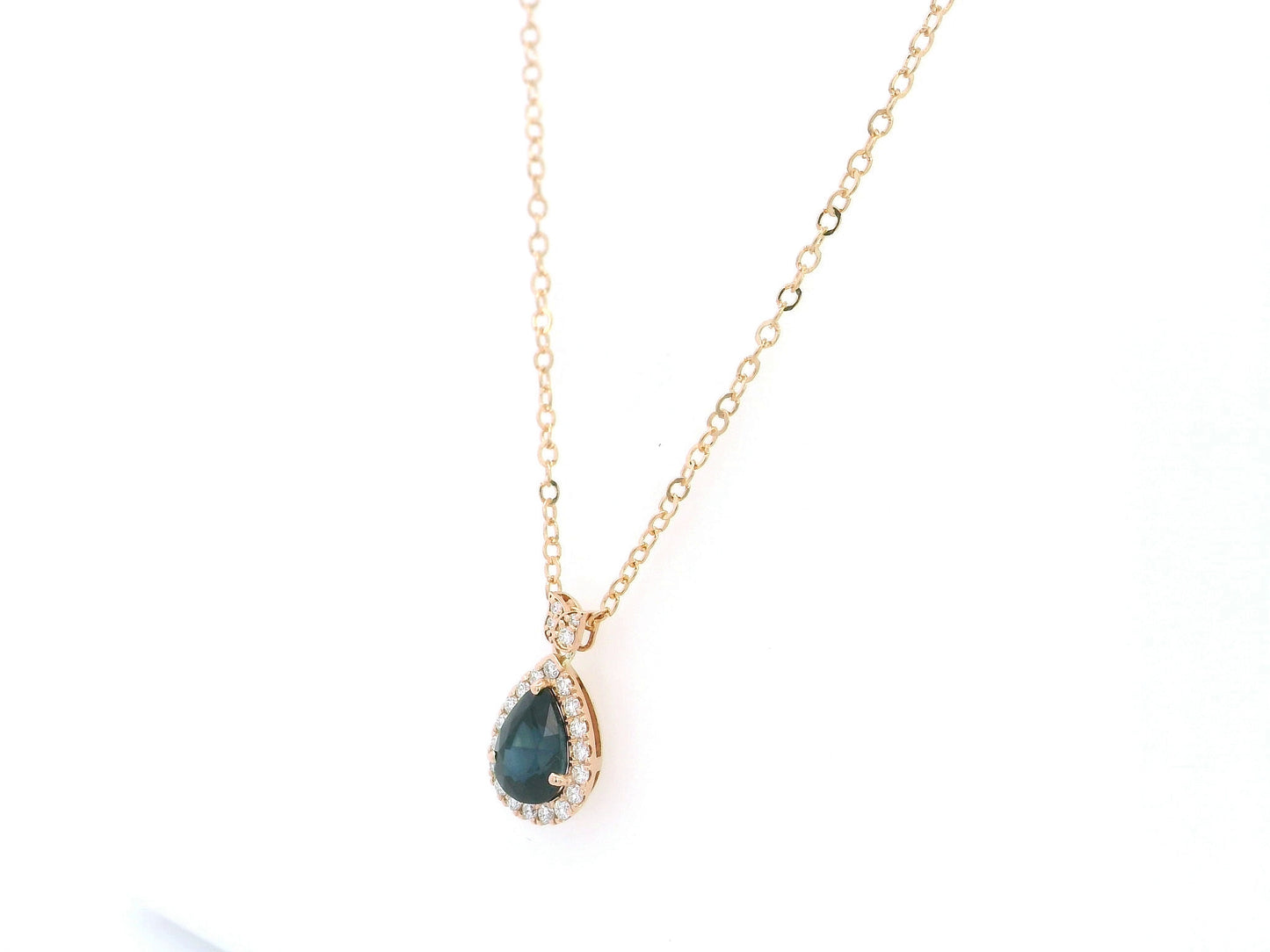 Pear sapphire diamond halo pendant necklace in 18K rose gold