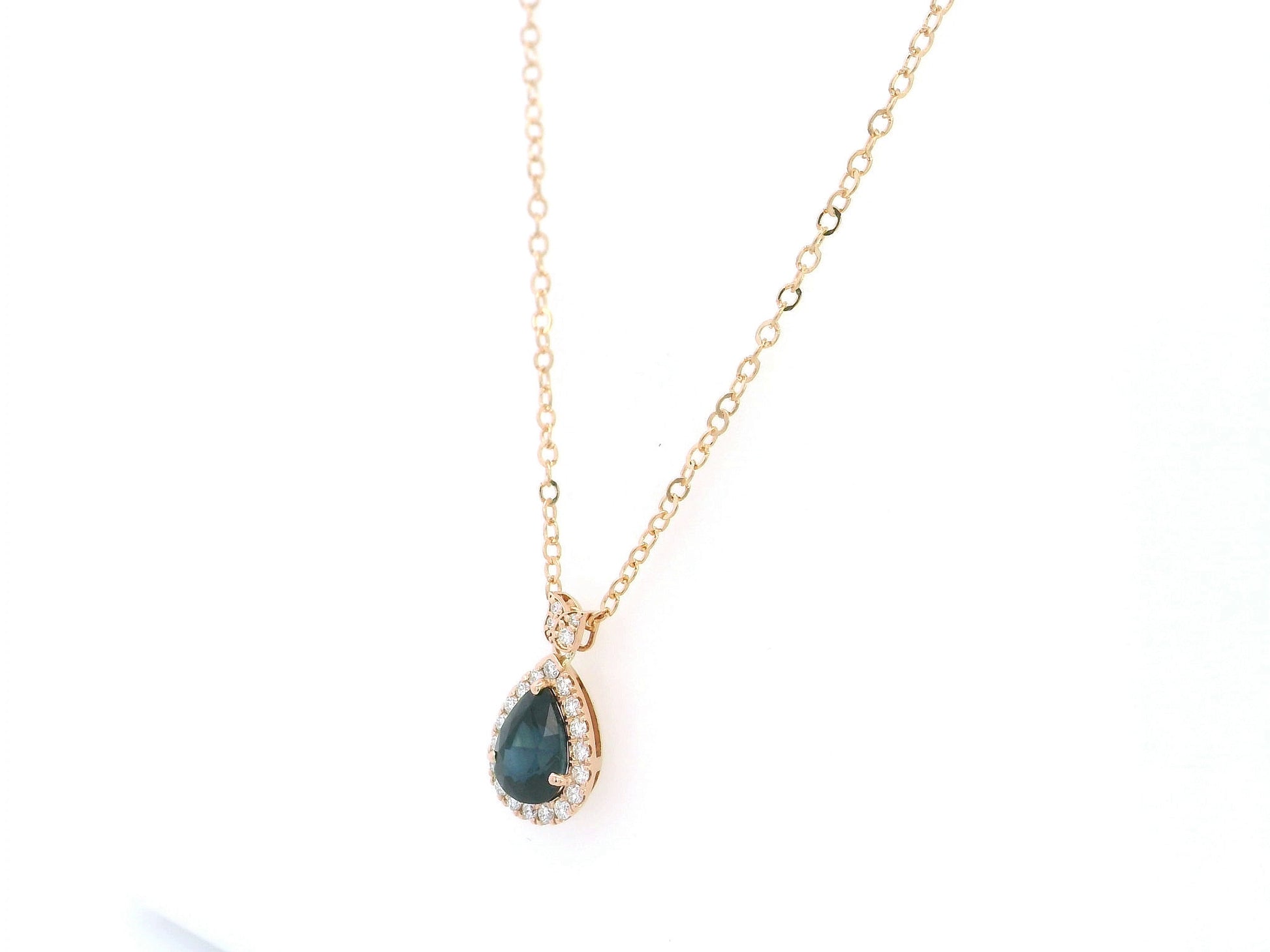 Pear sapphire diamond halo pendant necklace in 18K rose gold