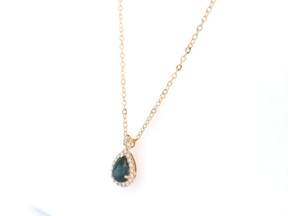 Pear sapphire diamond halo pendant necklace in 18K rose gold