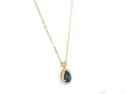Pear sapphire diamond halo pendant necklace in 18K rose gold