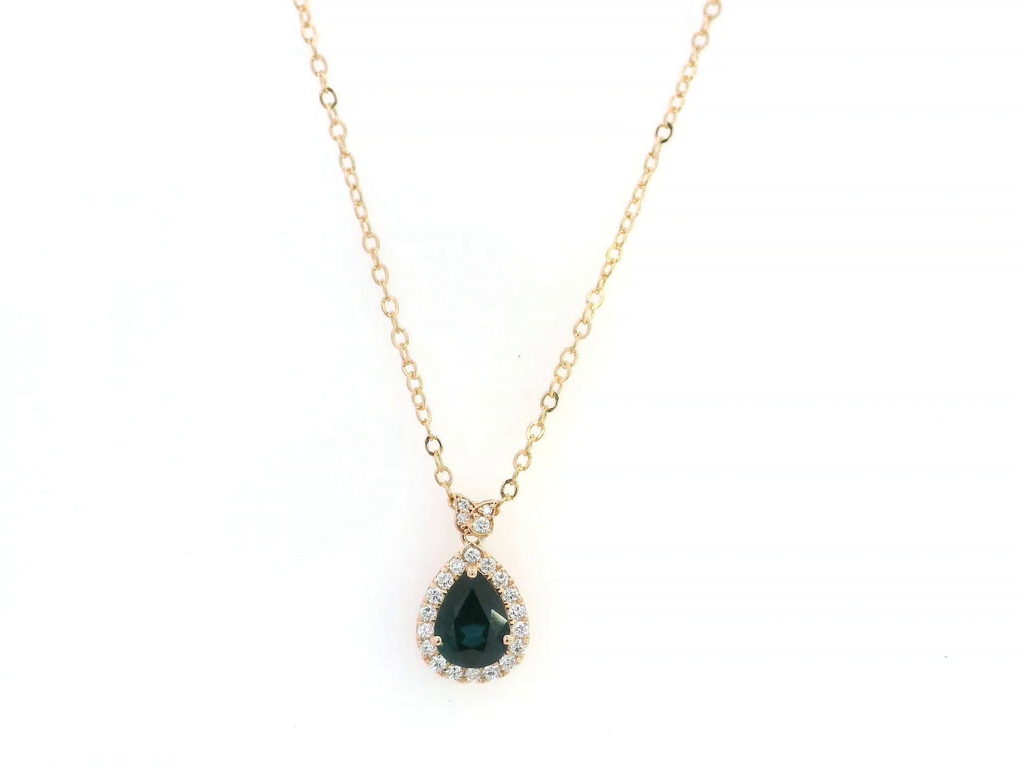 Pear sapphire diamond halo pendant necklace in 18K rose gold