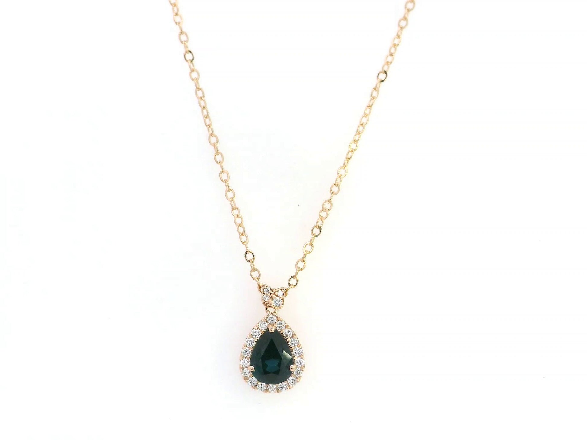 Pear sapphire diamond halo pendant necklace in 18K rose gold