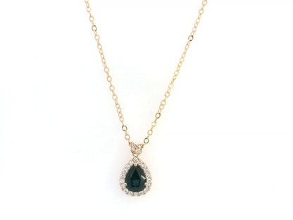 Pear sapphire diamond halo pendant necklace in 18K rose gold
