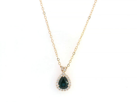 Pear sapphire diamond halo pendant necklace in 18K rose gold