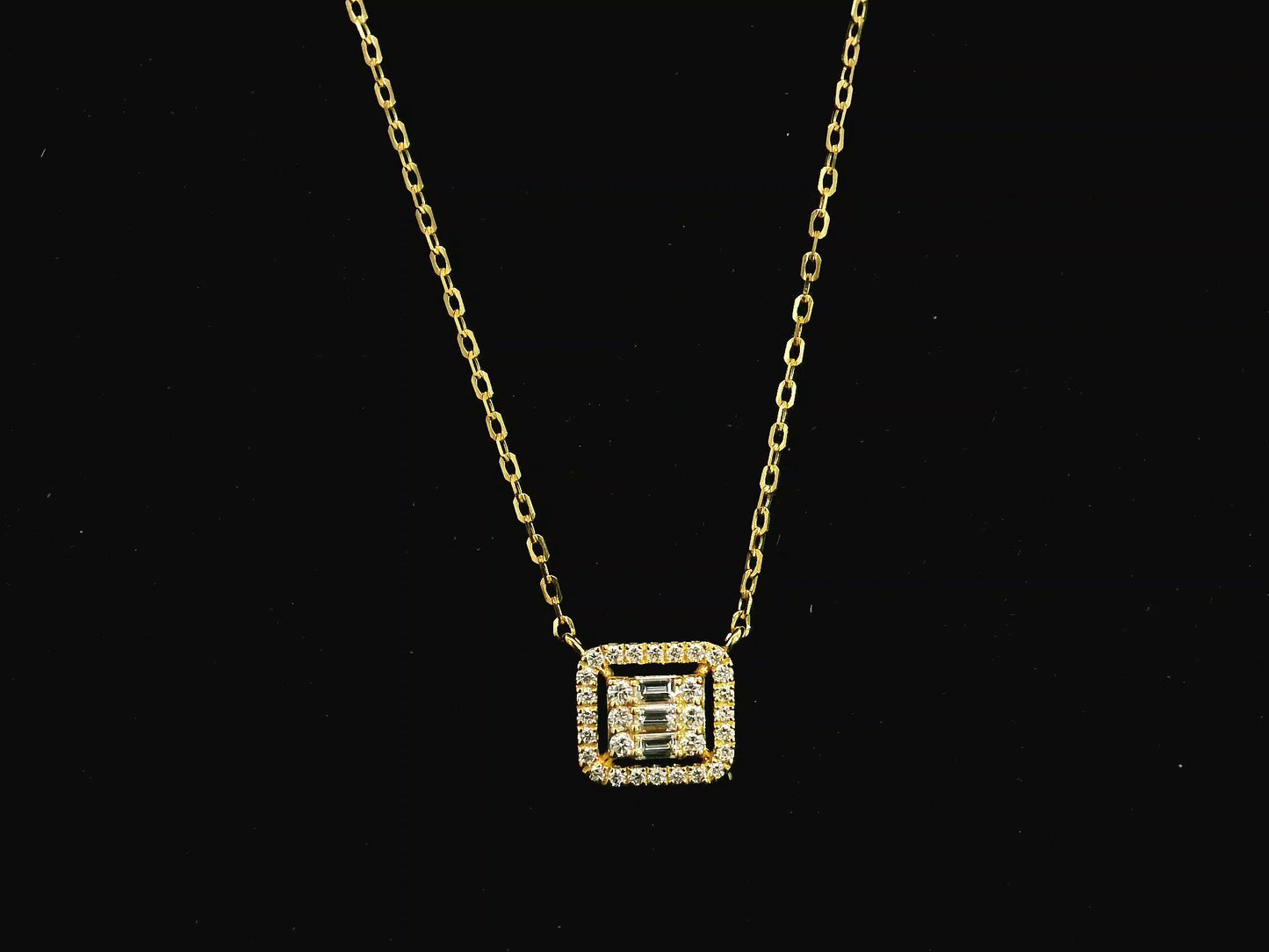 Baguette and round diamond halo pendant necklace in 18K yellow gold