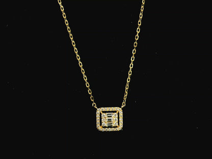 Baguette and round diamond halo pendant necklace in 18K yellow gold