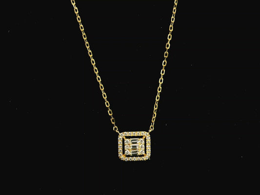 Baguette and round diamond halo pendant necklace in 18K yellow gold