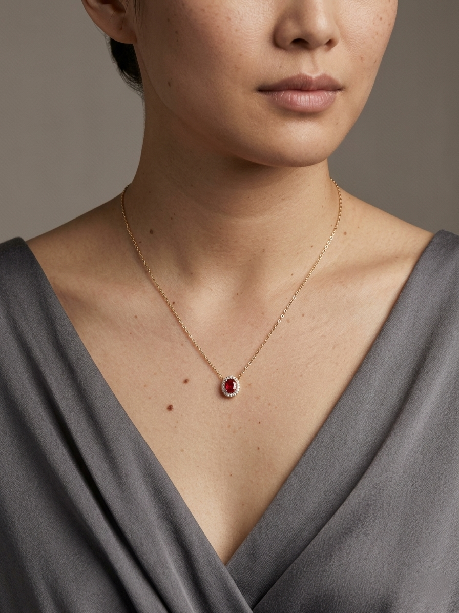 Oval ruby diamond halo pendant necklace in 18K yellow gold