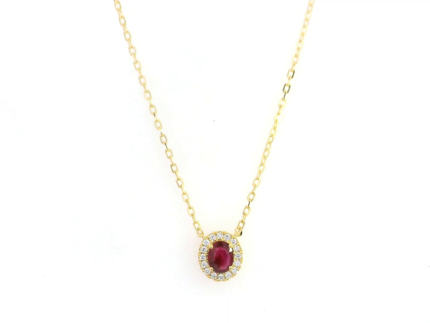 Oval ruby diamond halo pendant necklace in 18K yellow gold
