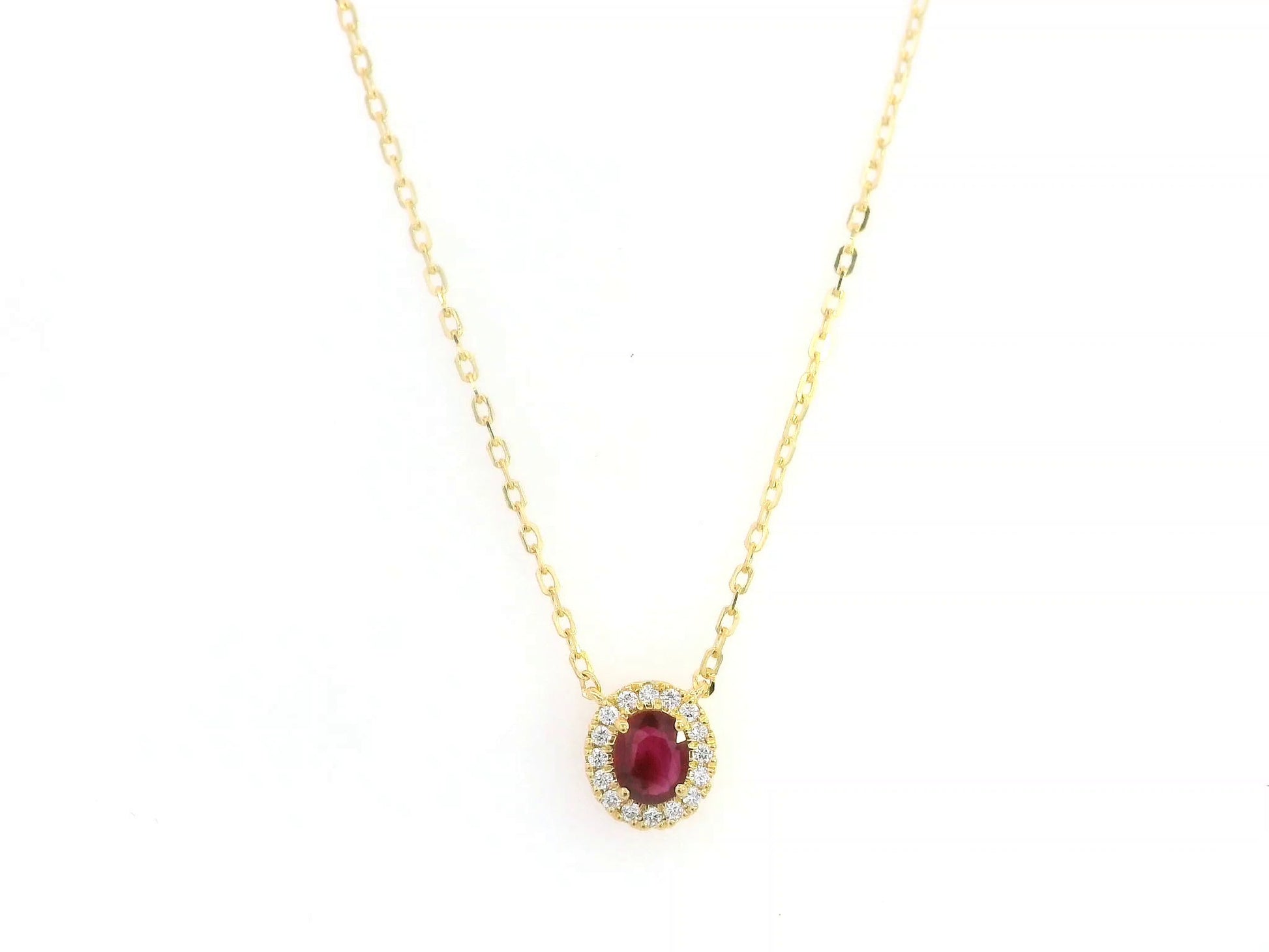 Oval ruby diamond halo pendant necklace in 18K yellow gold
