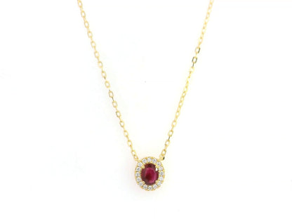 Oval ruby diamond halo pendant necklace in 18K yellow gold